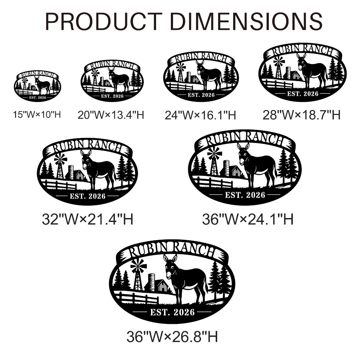 Custom donkey ranch metal sign with personalized farm name and established year, featuring barn, windmill, and trees, laser-cut steel outdoor décor