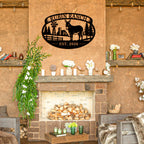 Custom donkey ranch metal sign with personalized farm name and established year, featuring barn, windmill, and trees, laser-cut steel outdoor décor
