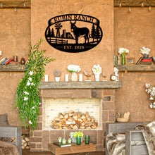 Custom donkey ranch metal sign with personalized farm name and established year, featuring barn, windmill, and trees, laser-cut steel outdoor décor