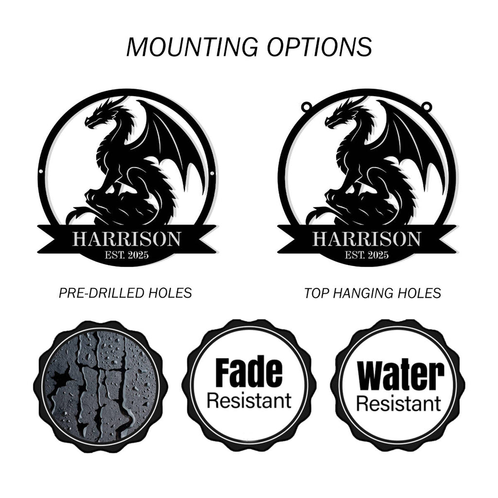 Custom black metal dragon sign with personalized name and year, western-style fantasy silhouette, powder-coated steel wall decor for home or man cave