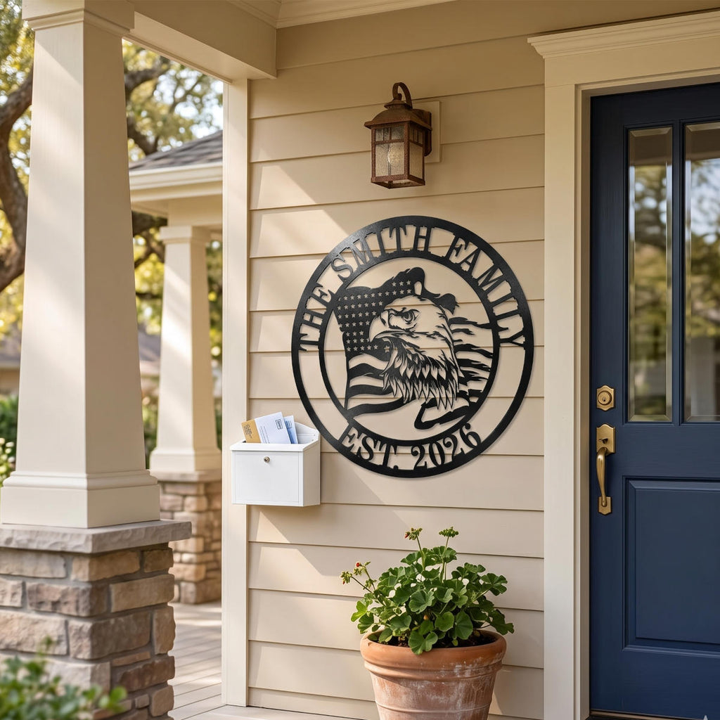 A custom matte black 14-gauge steel eagle flag family monogram is mounted on the beige-sided wall of a traditional American Craftsman front porch, next to a navy blue door. The sign, featuring 'THE SMITH FAMILY' and 'EST. 2026', is positioned as personalized home decor, with potted geraniums and a white mailbox below. Natural sunlight illuminates the scene.