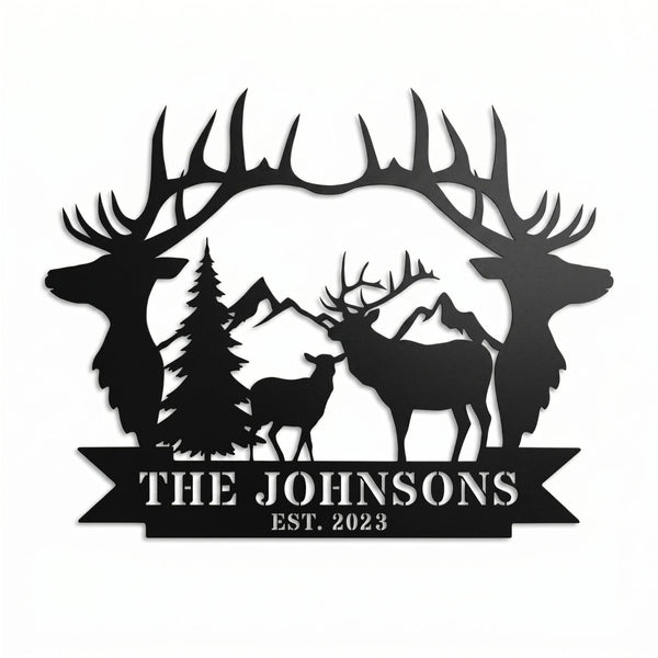 Custom Elk Family Mountain Metal Sign