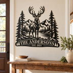 Personalized elk metal wall art decorating a home entryway above a wooden console table.