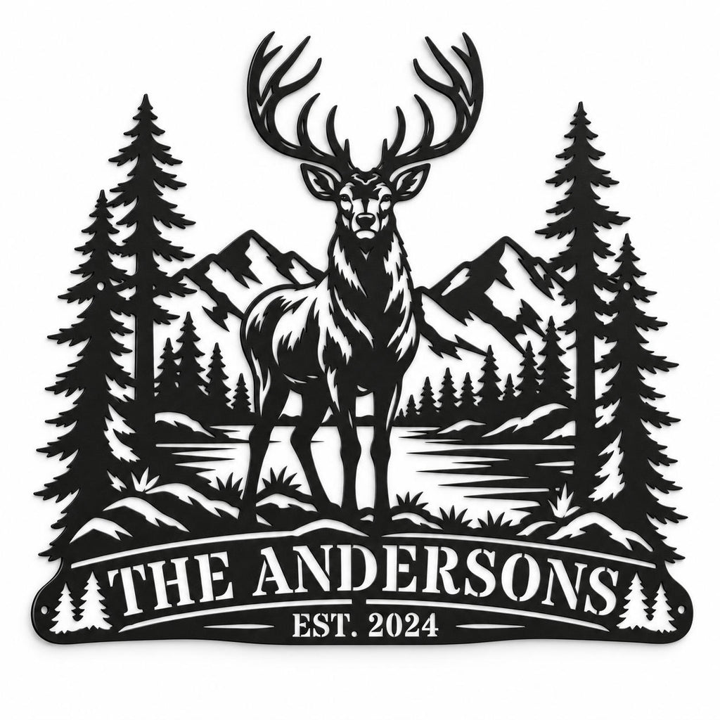 Custom elk mountain metal sign featuring pine trees, mountains, and personalized family name THE ANDERSONS.