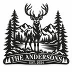 Custom elk mountain metal sign featuring pine trees, mountains, and personalized family name THE ANDERSONS.