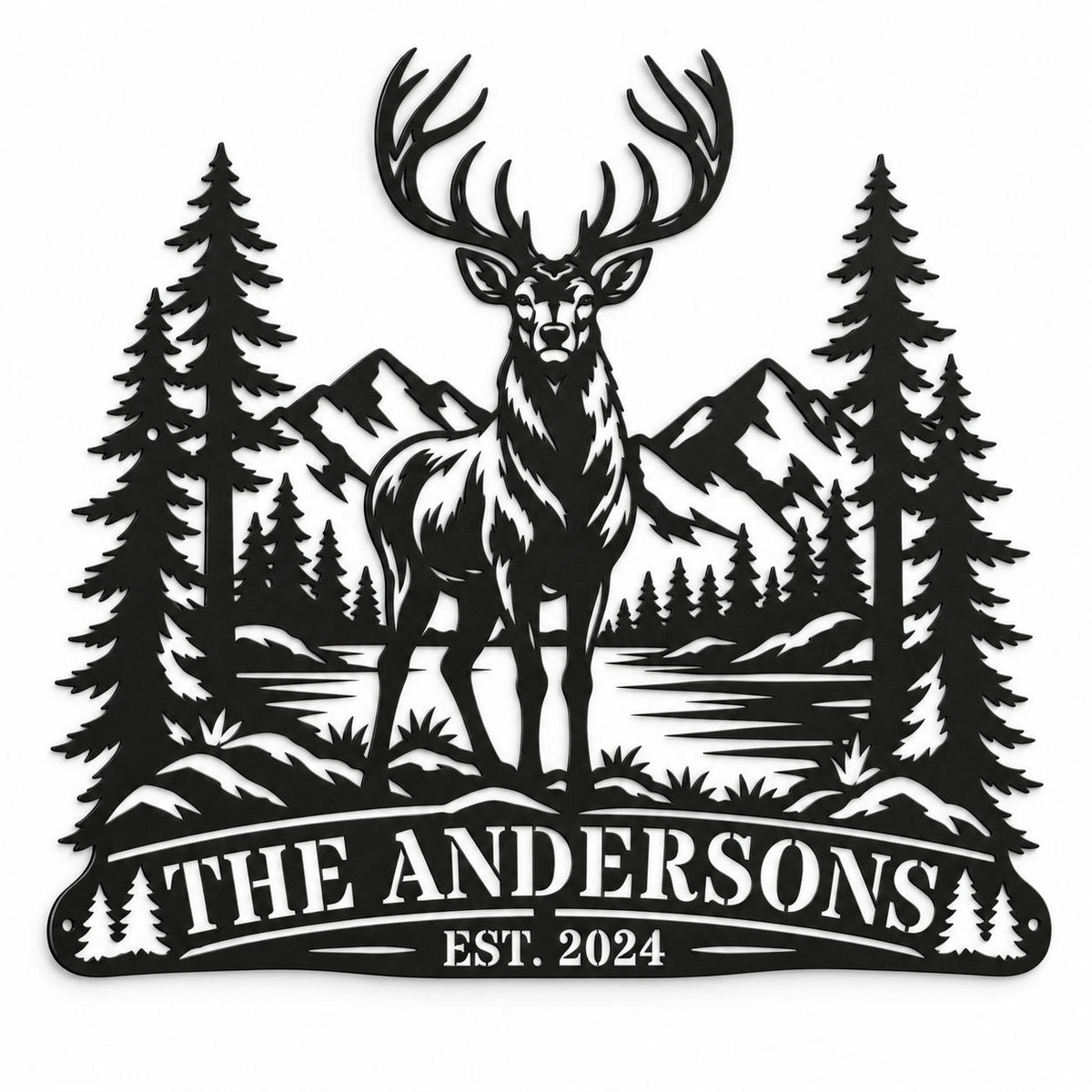 Custom elk mountain metal sign featuring pine trees, mountains, and personalized family name THE ANDERSONS.