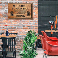 Custom engraved pine wood bar sign with personalized text and beer mug design, rustic home bar wall decor