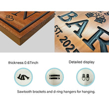 Custom engraved pine wood bar sign with personalized text and beer mug design, rustic home bar wall decor