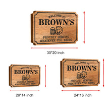 Custom engraved pine wood bar sign with personalized text and graphics, CNC carved, perfect for home bar decor or gift.