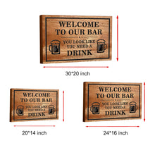 Custom engraved pine wood bar sign with personalized text and beer mug design, rustic home bar wall decor