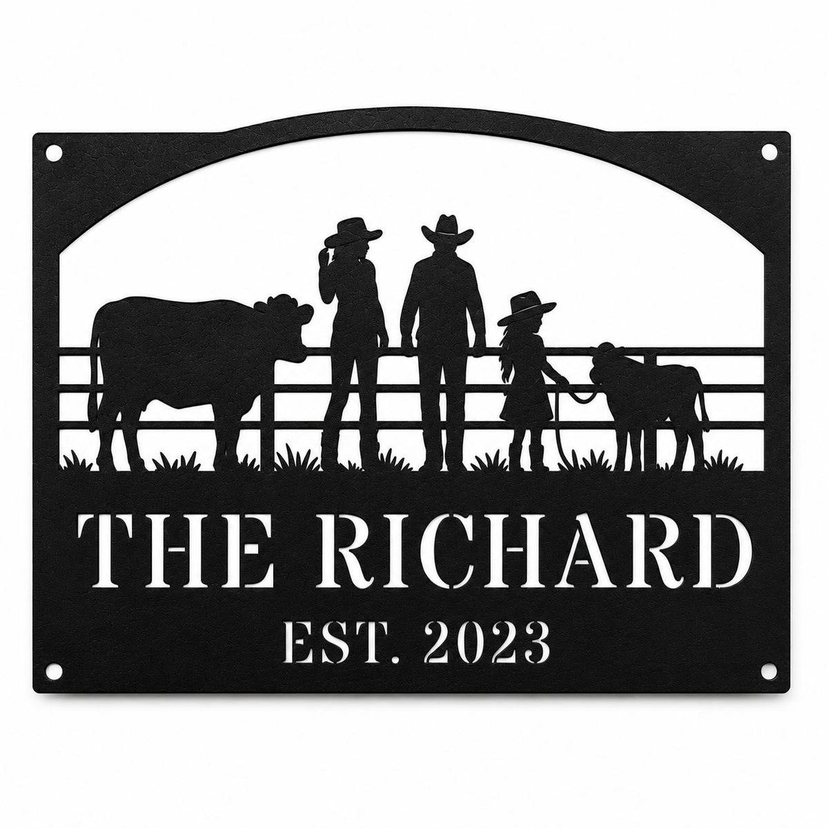 Personalized farm family metal sign with cattle and cowboy silhouette on white background