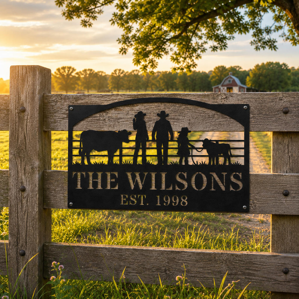 Custom farm family metal sign mounted on a wooden ranch fence with cattle pasture in the background