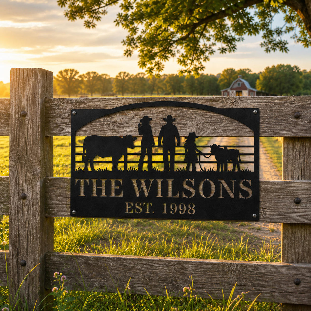 Custom farm family metal sign mounted on a wooden ranch fence with cattle pasture in the background