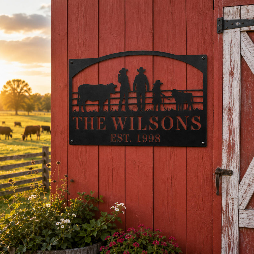 Personalized ranch family metal sign displayed on a red barn exterior wall