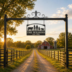 Custom farm metal sign hanging from a ranch entrance gate with chain mounting