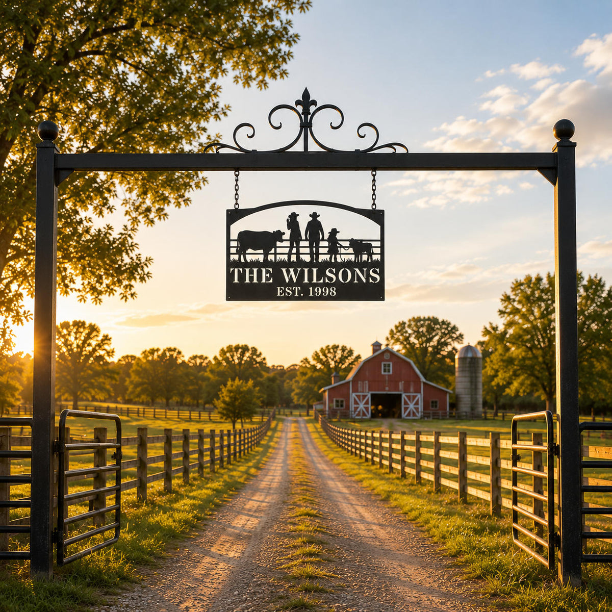 Custom farm metal sign hanging from a ranch entrance gate with chain mounting