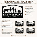 Customization guide showing family name year and mounting option selection for farm metal sign