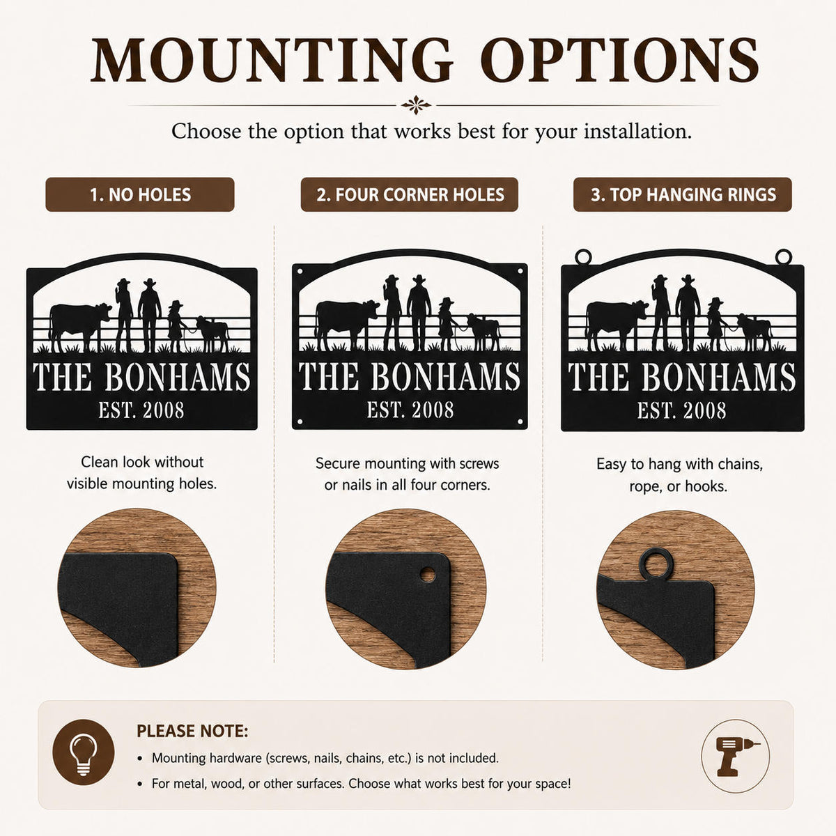 Comparison of no holes four corner holes and top hanging ring mounting options for custom metal signs