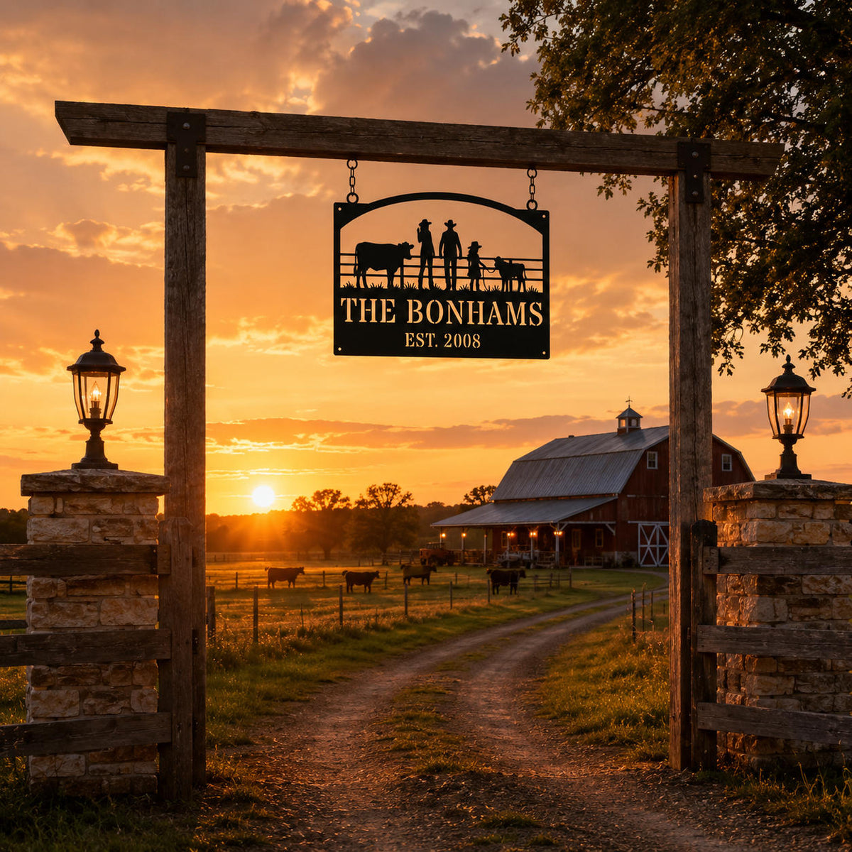 Custom cattle farm metal sign displayed outdoors in a countryside ranch setting