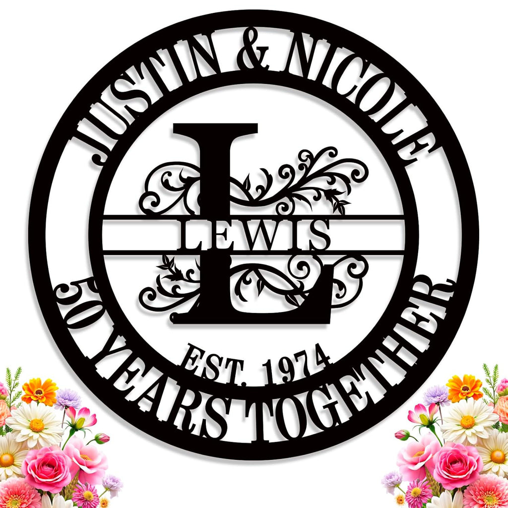 Personalized round metal sign with family name, floral design, and "50 Years Together" anniversary message, made from steel with black powder coat finish.