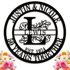 Personalized round metal sign with family name, floral design, and "50 Years Together" anniversary message, made from steel with black powder coat finish.