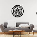 Personalized round metal sign with family name, floral design, and "50 Years Together" anniversary message, made from steel with black powder coat finish.