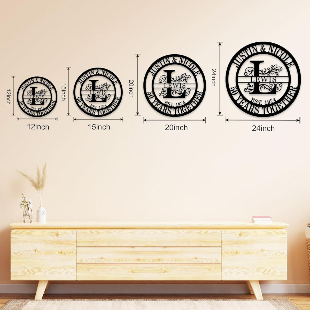 Personalized round metal sign with family name, floral design, and "50 Years Together" anniversary message, made from steel with black powder coat finish.