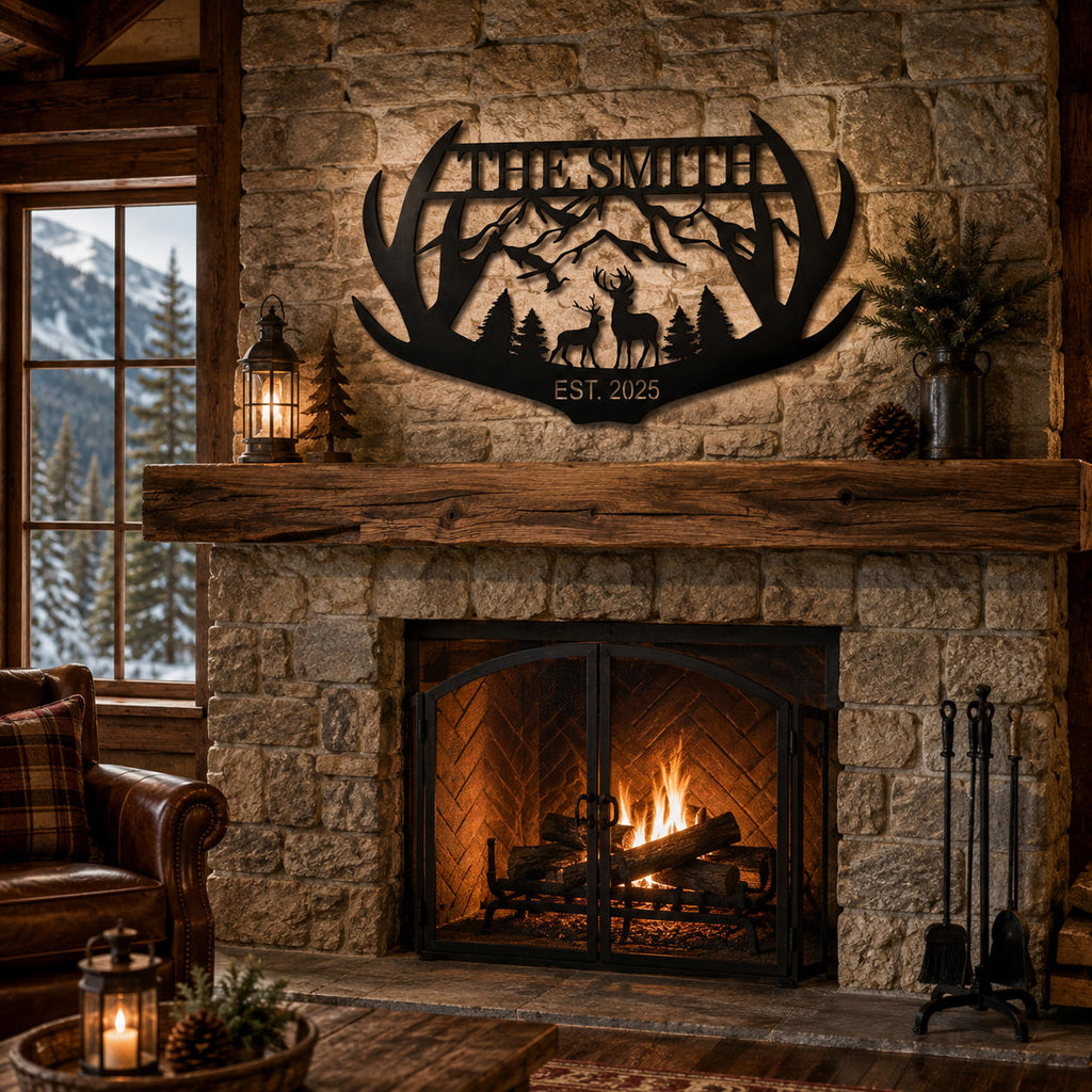 Custom black family name metal sign with antlers, mountains and deer displayed above a stone lodge fireplace.