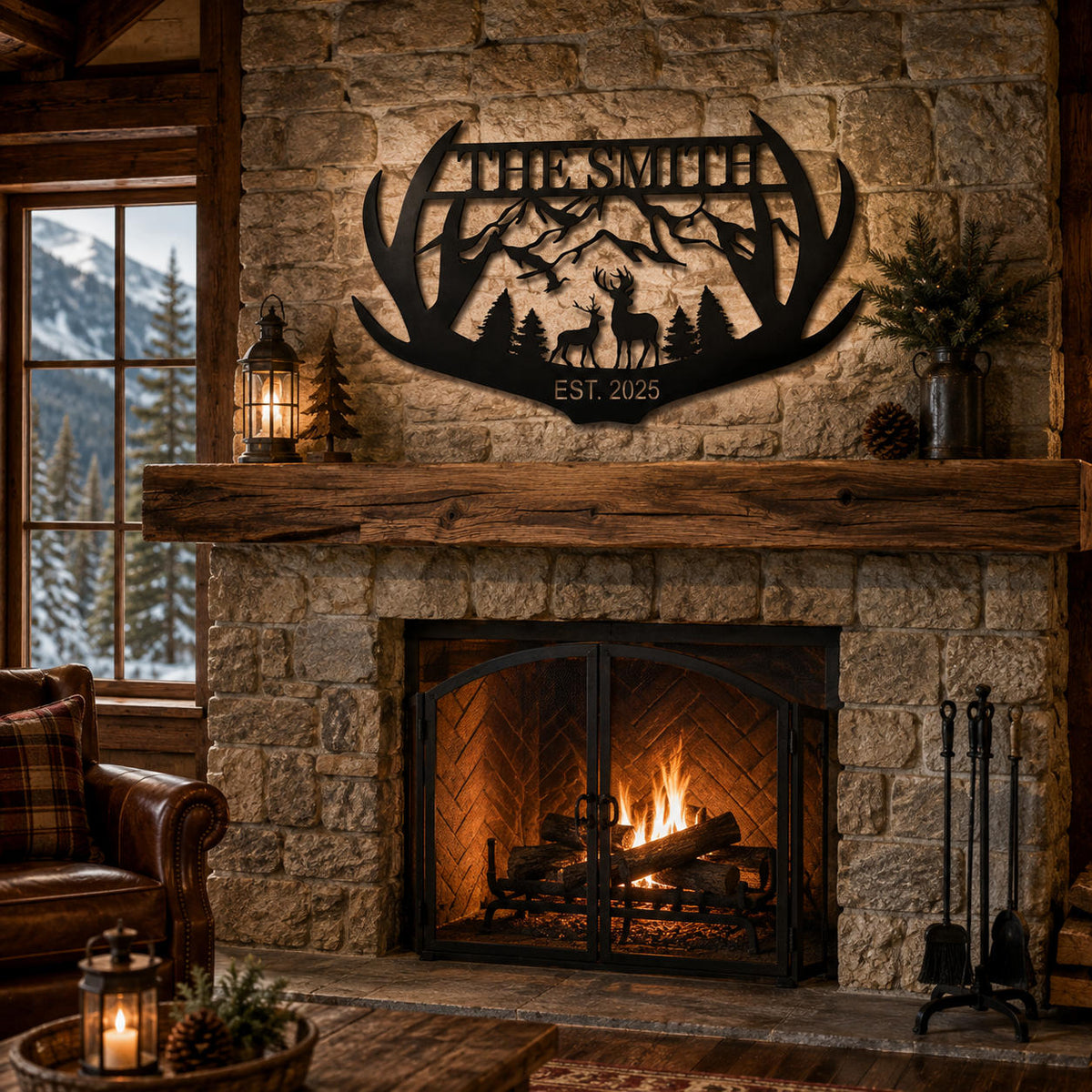 Custom black family name metal sign with antlers, mountains and deer displayed above a stone lodge fireplace.