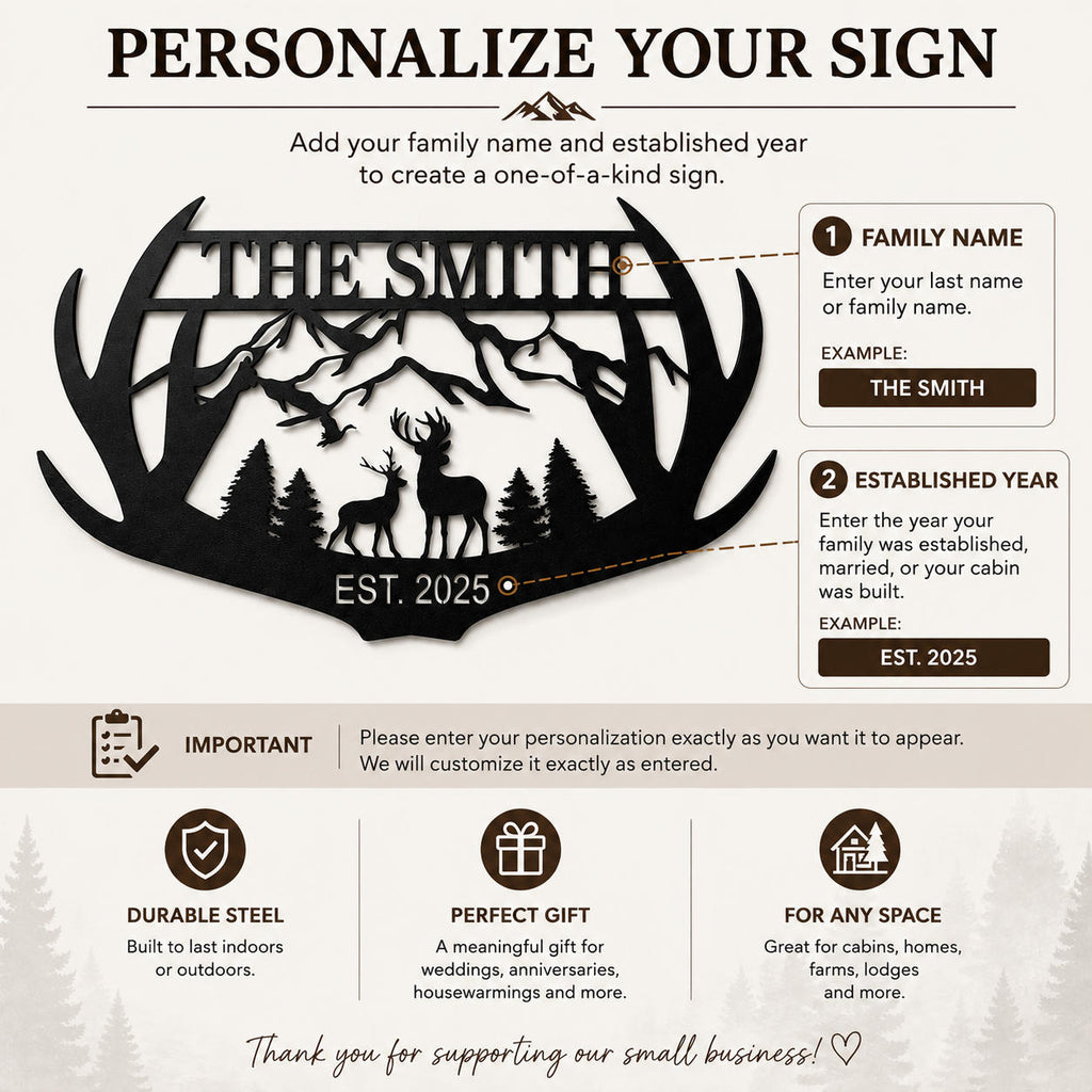 Personalization guide showing how to enter the family name and established year for a custom antler metal sign.