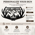 Personalization guide showing how to enter the family name and established year for a custom antler metal sign.