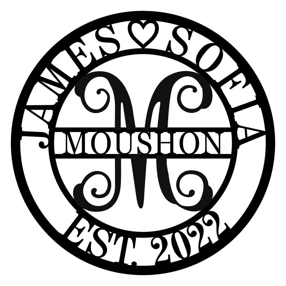 Custom circular metal monogram sign with personalized family name and date.