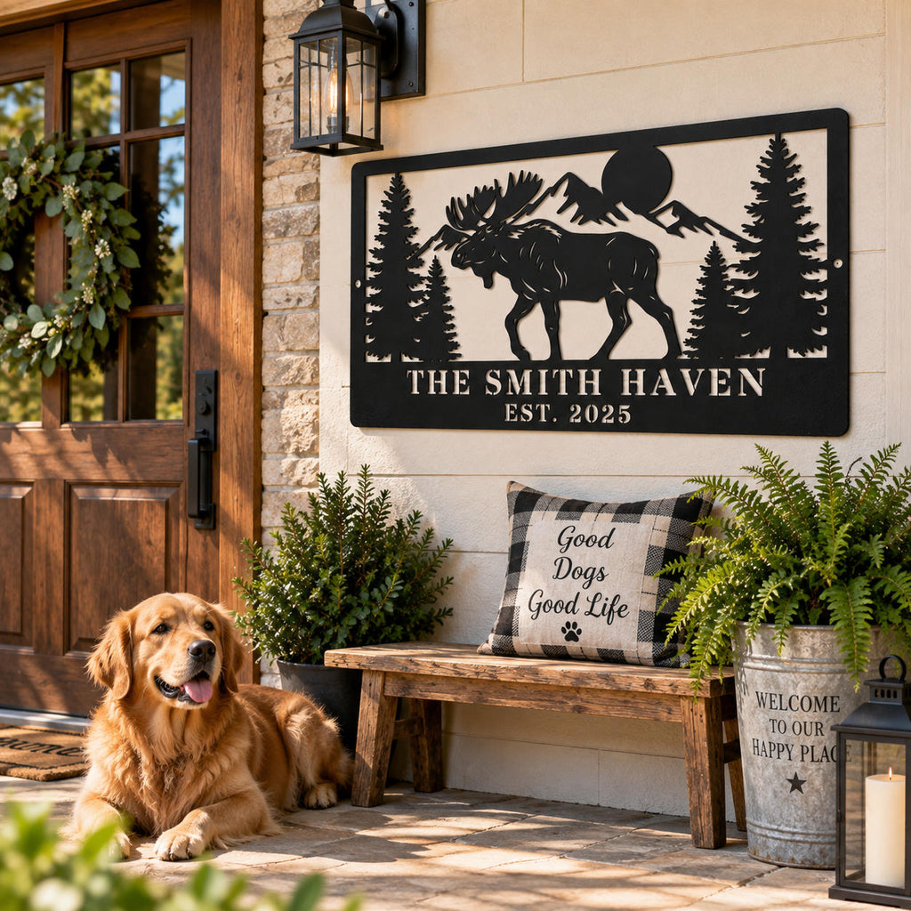 Custom family moose metal sign displayed on a welcoming rustic front porch with a golden retriever.
