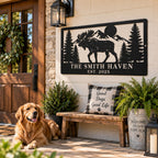 Custom family moose metal sign displayed on a welcoming rustic front porch with a golden retriever.