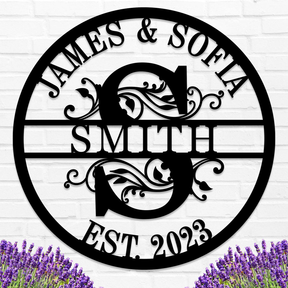 Custom round metal sign with couple's names, last name initial, and customizable EST. year. Main image