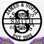 Custom round metal sign with couple's names, last name initial, and customizable EST. year.