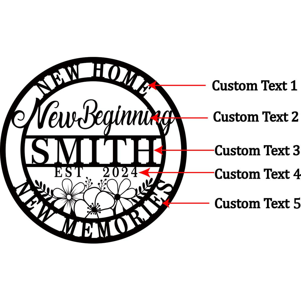 Custom metal sign with "New Home New Beginning Smith Est. 2024" text and floral design, made from laser-cut powder-coated steel, ideal for personalized home decor gifts
