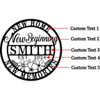 Custom metal sign with "New Home New Beginning Smith Est. 2024" text and floral design, made from laser-cut powder-coated steel, ideal for personalized home decor gifts