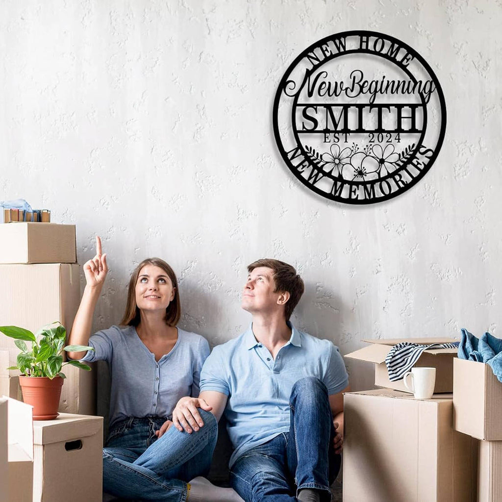 Custom metal sign with "New Home New Beginning Smith Est. 2024" text and floral design, made from laser-cut powder-coated steel, ideal for personalized home decor gifts