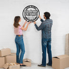 Custom metal sign with "New Home New Beginning Smith Est. 2024" text and floral design, made from laser-cut powder-coated steel, ideal for personalized home decor gifts