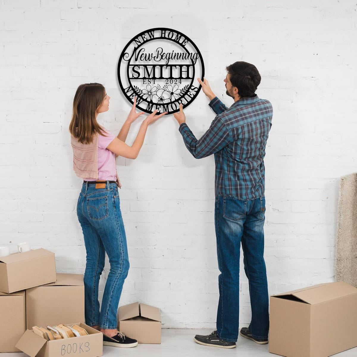Custom metal sign with "New Home New Beginning Smith Est. 2024" text and floral design, made from laser-cut powder-coated steel, ideal for personalized home decor gifts