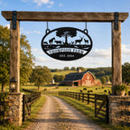 Custom black metal farm entrance sign hanging on a rustic wooden gate with personalized farm name, perfect for ranch, farmhouse driveway, and country property entrance.