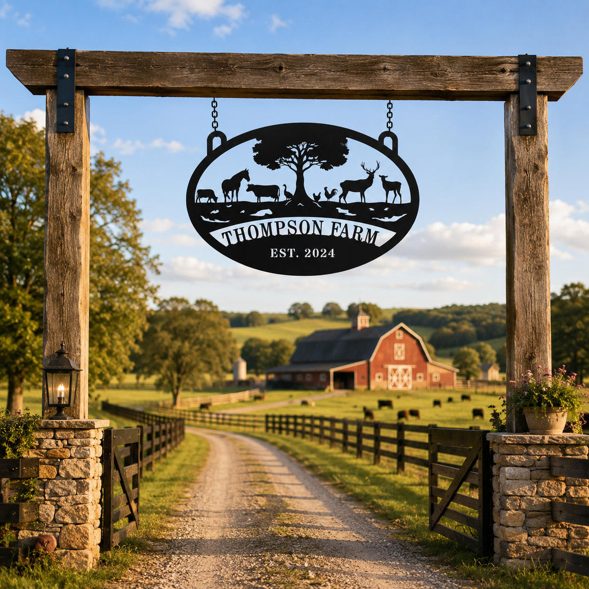 Custom black metal farm entrance sign hanging on a rustic wooden gate with personalized farm name, perfect for ranch, farmhouse driveway, and country property entrance.