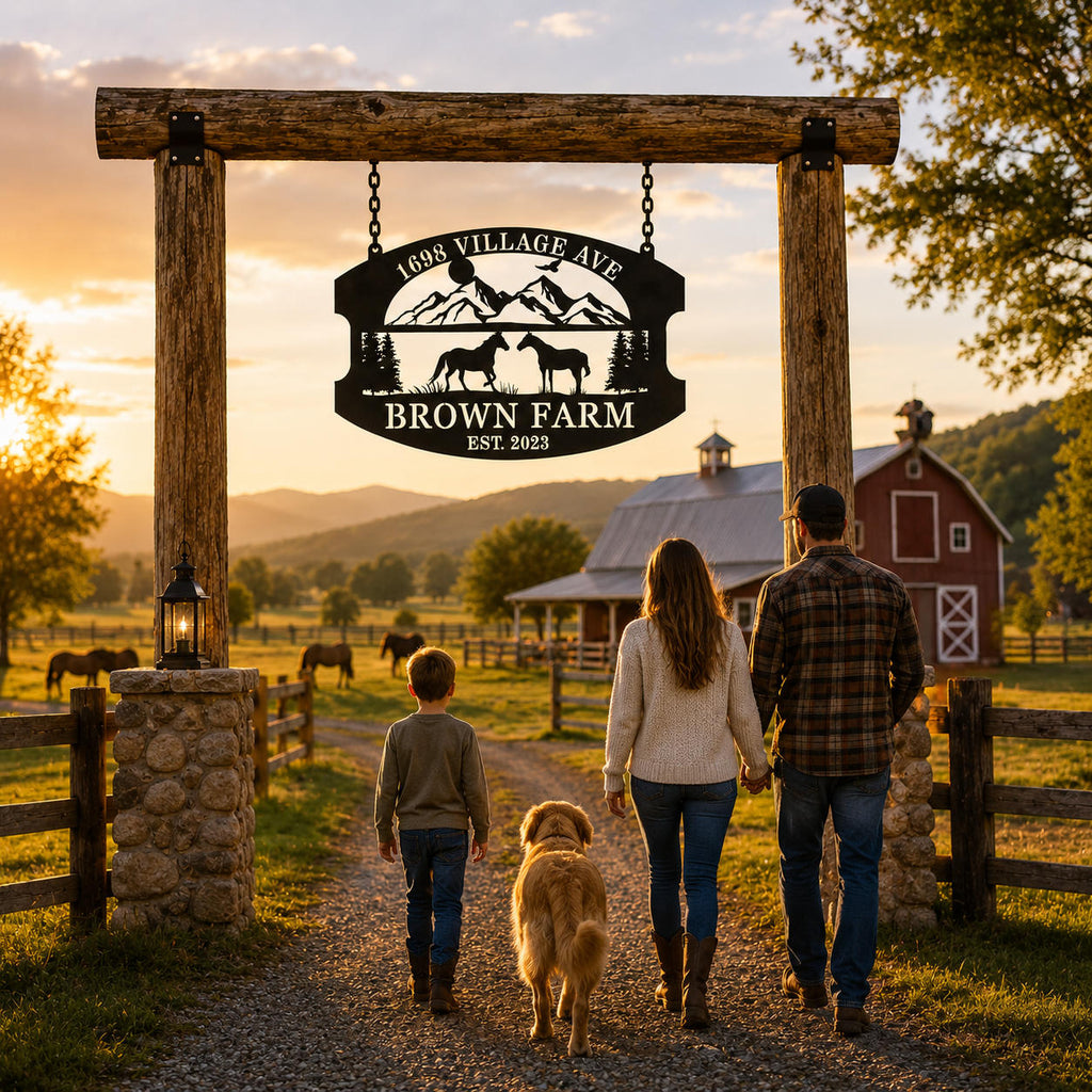 Custom metal farm entrance sign above a family walking with their dog toward a countryside barn.