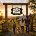 Custom metal farm entrance sign above a family walking with their dog toward a countryside barn.