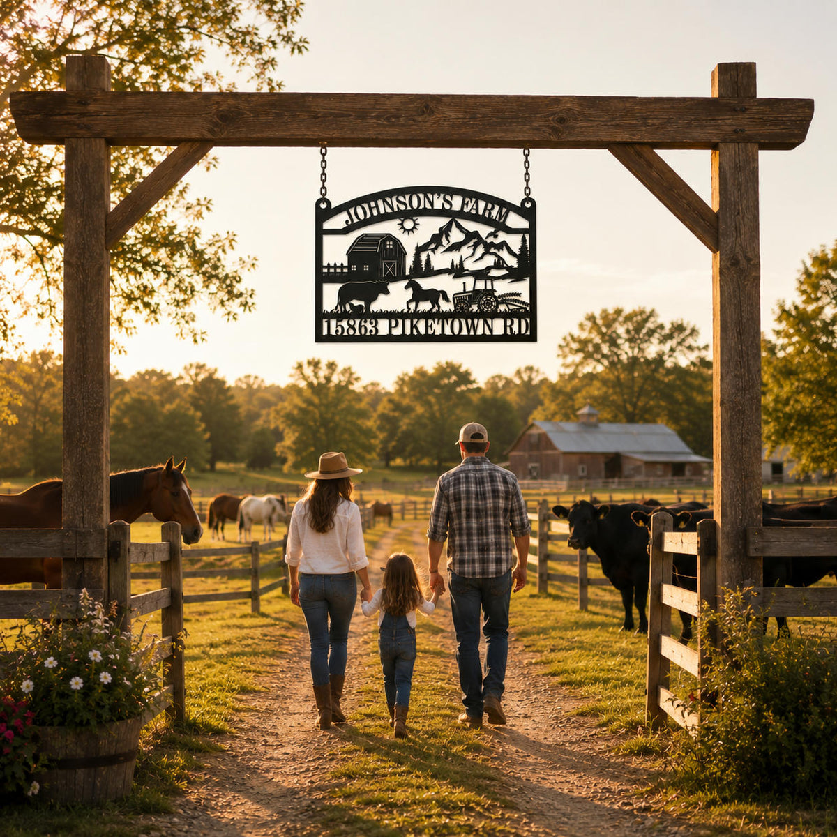 Custom farm entrance sign hanging above a wooden ranch gate with a family, horses, cattle, and golden hour pasture scenery.