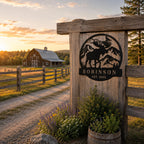 Custom farmhouse metal sign with moose silhouette mounted on ranch entrance fence post