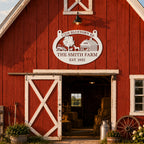 Custom metal farm sign mounted on a classic red barn exterior, creating a personalized farmhouse entrance.