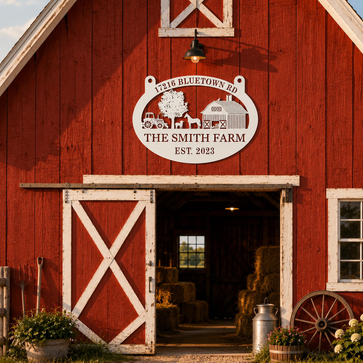 Custom metal farm sign mounted on a classic red barn exterior, creating a personalized farmhouse entrance.