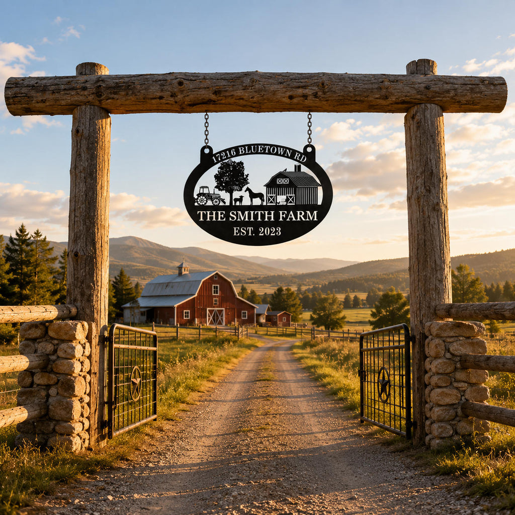 Personalized metal farm sign hanging at a rustic ranch entrance with a wooden gateway and country road.